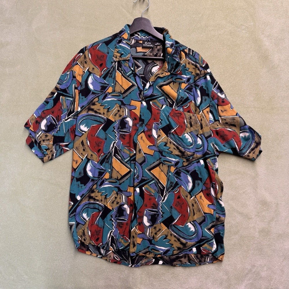 80s 90s Bon Homme Abstract Art Deco Disco Rave Shirt Men's M USA Made VTG Rayon